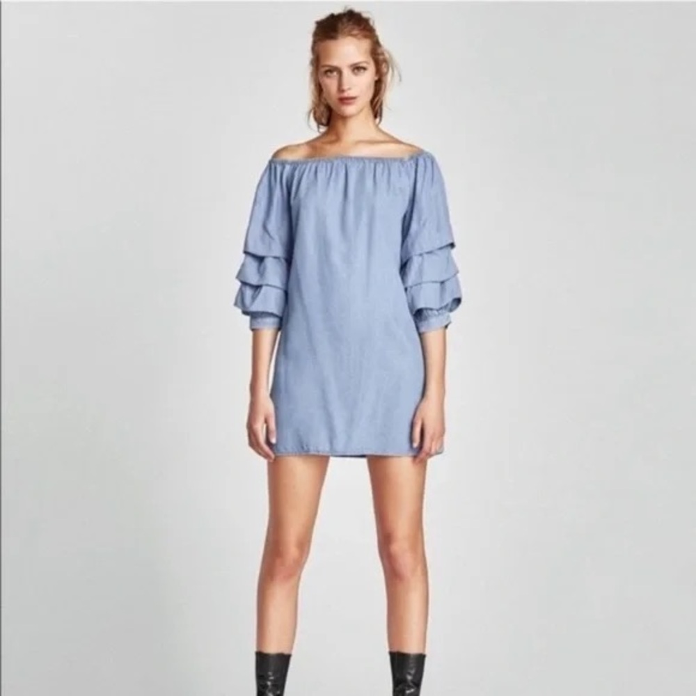NWOT Zara Chambray Butterfly OTS Mini Dress